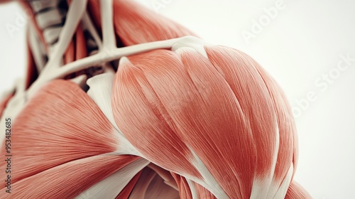 Anatomical illustration of a human shoulder joint highlighting bones and muscles, showcasing detailed skeletal structure and depth