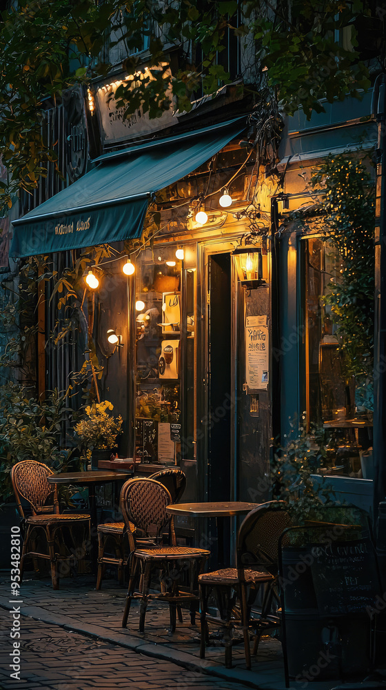 Obraz premium Warm Lights Spill Onto the Street, Inviting You to a Cozy Parisian Cafe