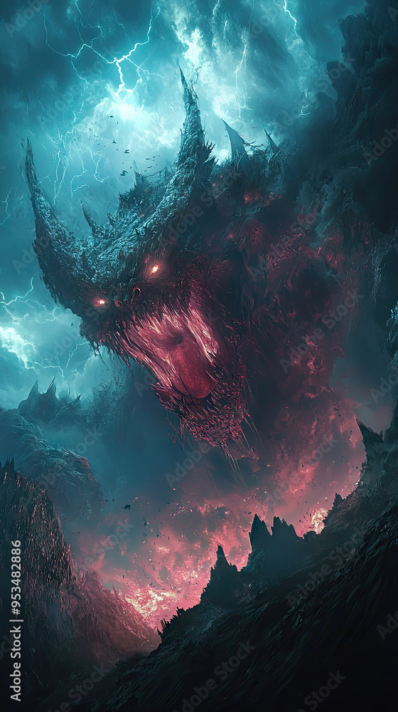 A monstrous demon, its eyes burning with infernal fire, tears through a dimensional rift, unleashing chaos and destruction. A monstrous demon, its eyes burning with infernal fire, tears through a dimensional rift, unleashing chaos and destruction.