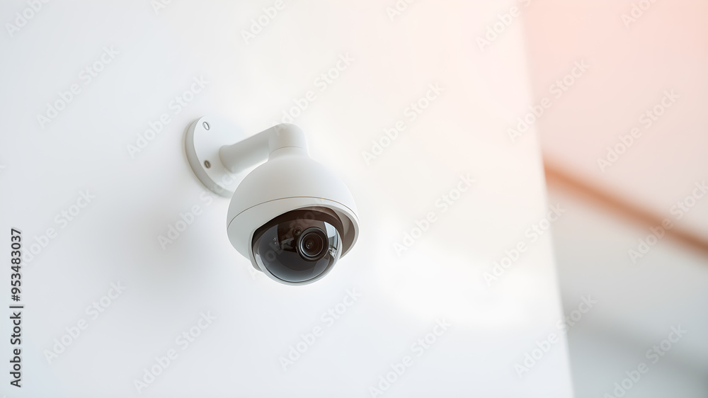 A modern security camera on a plain white wall for safety surveillance. Generative AI A modern security camera on a plain white wall for safety surveillance. Generative AI