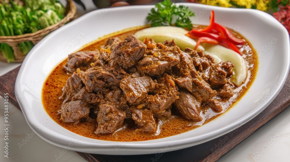 Gulai daging kambing is a popular Indonesian dish of beef curry from Padang, West Sumatra. goat curry spicy stew closeup culinary food photo Gulai daging kambing is a popular Indonesian dish of beef curry from Padang, West Sumatra. goat curry spicy stew closeup culinary food photo