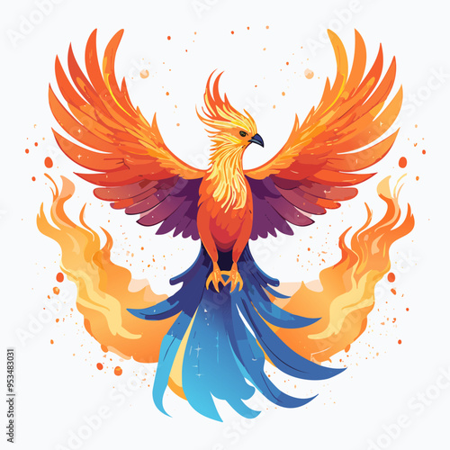 Phoenix bird with wings and fire on white background. Vector illustration.