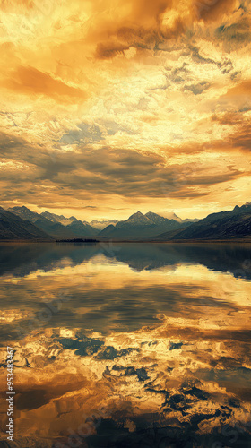 Serene Sunset Over a Still Lake, Reflecting Golden Skies and Majestic Mountains