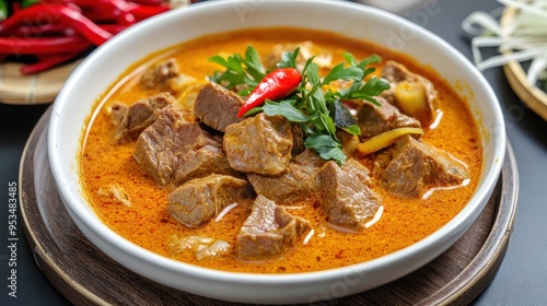 Gulai daging kambing is a popular Indonesian dish of beef curry from Padang, West Sumatra. goat curry spicy stew closeup culinary food photo