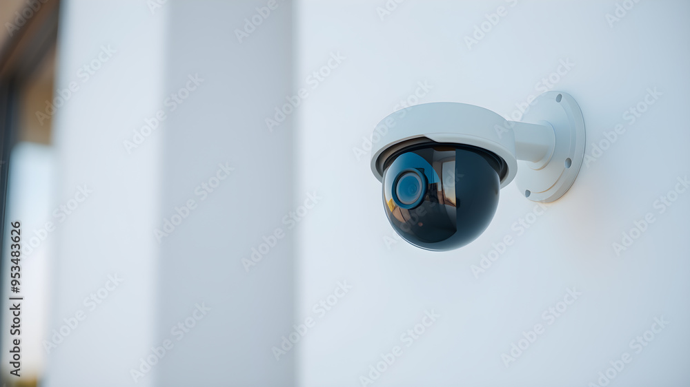 A modern security camera on a plain white wall for safety surveillance. Generative AI A modern security camera on a plain white wall for safety surveillance. Generative AI
