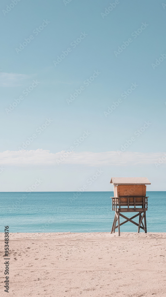 A lone lifeguard stand watches over a serene beach, the vast blue ocean stretching endlessly beneath a clear sky. A lone lifeguard stand watches over a serene beach, the vast blue ocean stretching endlessly beneath a clear sky.