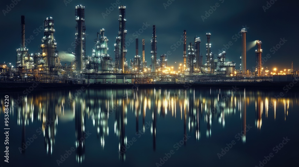 A brightly lit oil refinery at night, reflecting in calm water, showcasing industrial infrastructure and the contrast of light against the dark sky... A brightly lit oil refinery at night, reflecting in calm water, showcasing industrial infrastructure and the contrast of light against the dark sky...