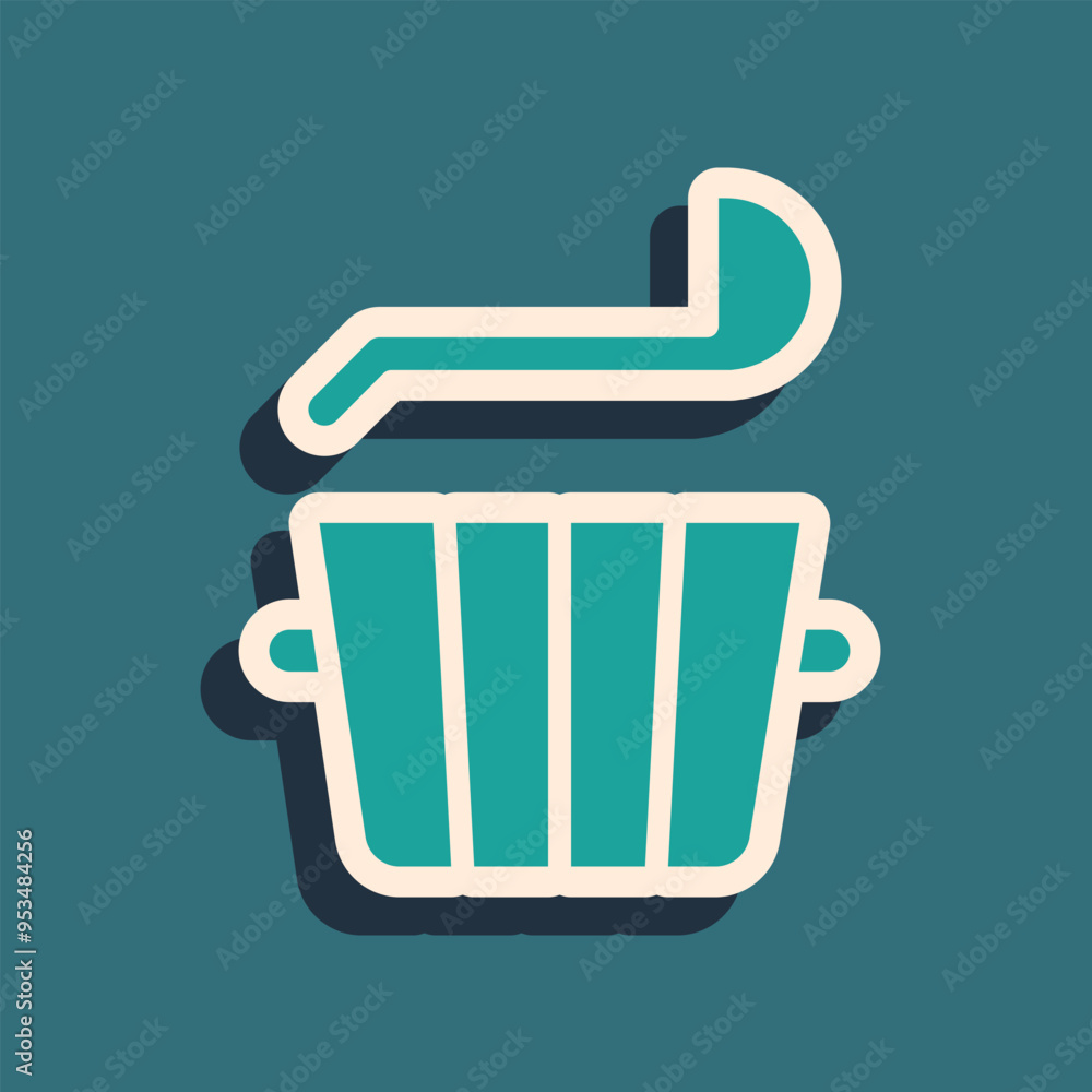 Green Sauna bucket and ladle icon isolated on green background. Long shadow style. Vector Green Sauna bucket and ladle icon isolated on green background. Long shadow style. Vector