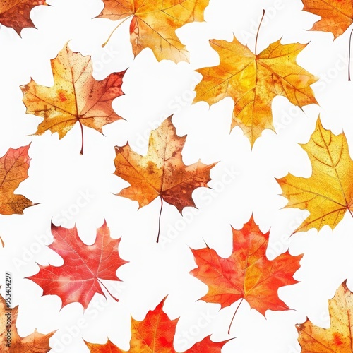 Seamless pattern with colourful autumn oak, maple leaves on white background. Perfect for wallpaper, gift paper, pattern fills, web page background, autumn greeting cards, autumn background