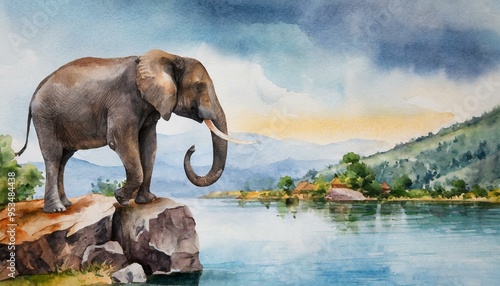 a elephant standing on a stone cliff over the lake; watercolor contemporary landscape with nature and wilds animals and green forest view