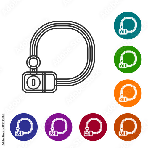 Black line Bicycle lock U shaped industrial icon isolated on white background. Set icons in color circle buttons. Vector