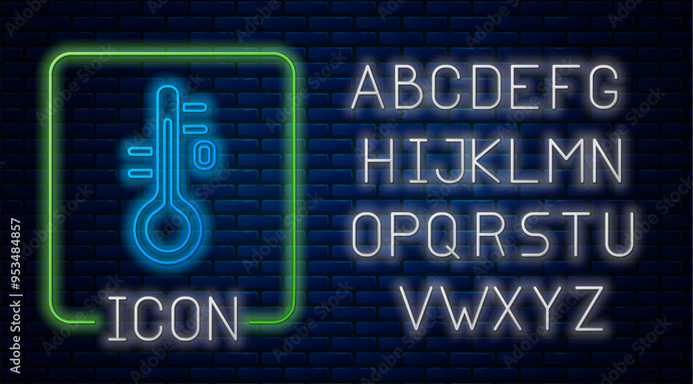 Glowing neon Sauna thermometer icon isolated on brick wall background. Sauna and bath equipment. Neon light alphabet. Vector Glowing neon Sauna thermometer icon isolated on brick wall background. Sauna and bath equipment. Neon light alphabet. Vector