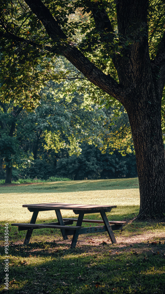 A solitary picnic table rests beneath a towering tree, bathed in the warm glow of sunlight filtering through the leaves. A solitary picnic table rests beneath a towering tree, bathed in the warm glow of sunlight filtering through the leaves.