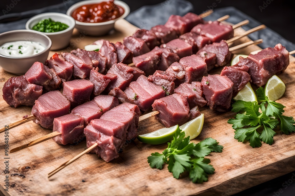A selection of raw lamb kebabs with meat chunks skewered ready for grilling, AI Generated A selection of raw lamb kebabs with meat chunks skewered ready for grilling, AI Generated