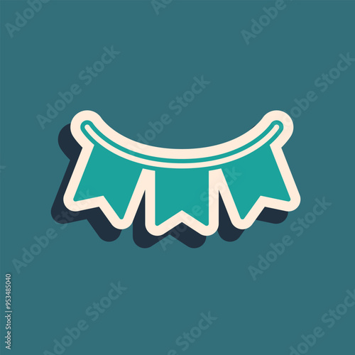 Green Carnival garland with flags icon isolated on green background. Party pennants for birthday celebration, festival decoration. Long shadow style. Vector