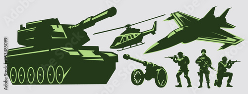collection of silhouette designs of military war vehicles, fighter jets, tanks, cannons and soldiers.eps
