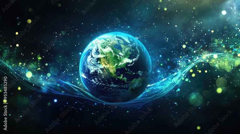 Artistic Earth glowing in blue and green, encircled by abstract waves and bokeh lights, emphasizing the blend of nature and technology. Artistic Earth glowing in blue and green, encircled by abstract waves and bokeh lights, emphasizing the blend of nature and technology.