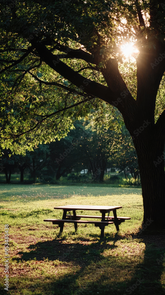 A solitary picnic table bathed in warm sunlight, inviting a moment of peace and tranquility in the heart of a lush green park. A solitary picnic table bathed in warm sunlight, inviting a moment of peace and tranquility in the heart of a lush green park.