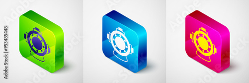 Isometric Aqualung icon isolated on grey background. Diving helmet. Diving underwater equipment. Square button. Vector