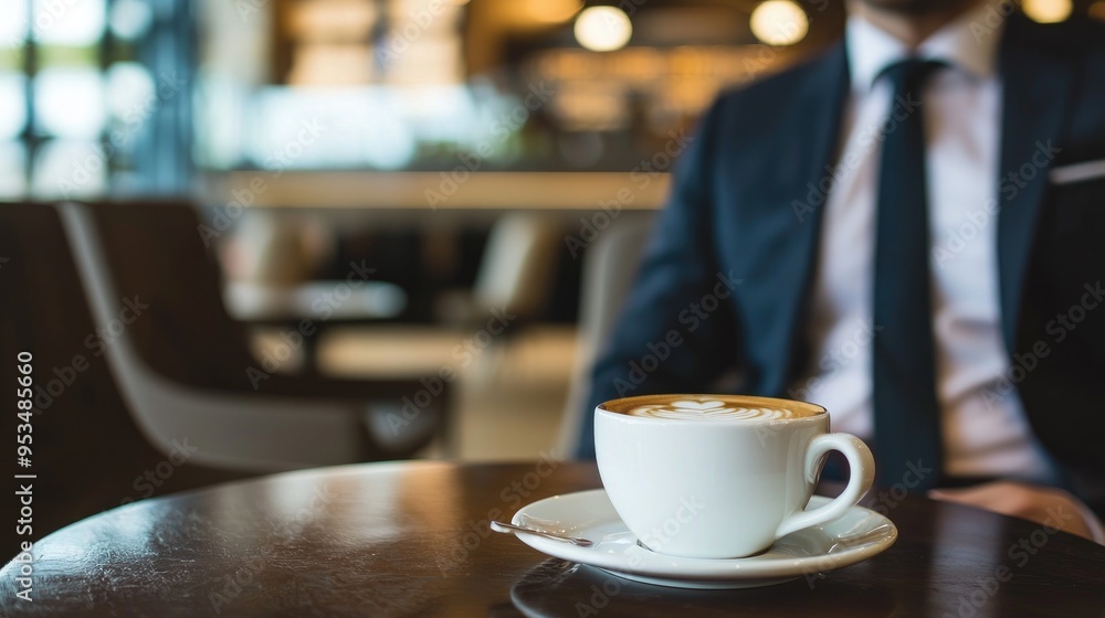 A cup of coffee with latte art sits on a table in a stylish cafe, with a businessman in a suit blurred in the background, creating a sophisticated atmosphere... A cup of coffee with latte art sits on a table in a stylish cafe, with a businessman in a suit blurred in the background, creating a sophisticated atmosphere...