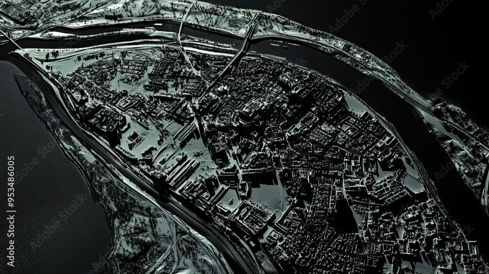 Obraz premium Technical aerial visual, 3D LiDAR GIS aerial map satellite scan model isolated, showing Jalandhar, India. Elevation, topography, render