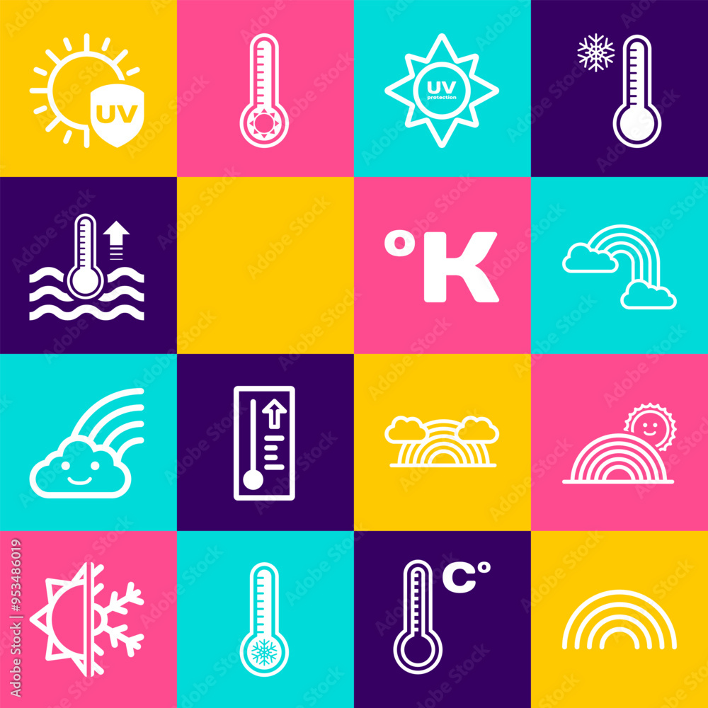 Set Rainbow, with sun, clouds, UV protection, Water thermometer, and Kelvin icon. Vector Set Rainbow, with sun, clouds, UV protection, Water thermometer, and Kelvin icon. Vector