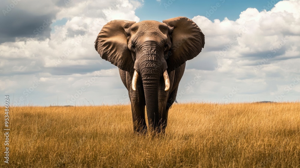 Fototapeta premium A majestic elephant stands tall in a golden savannah, showcasing its grandeur and strength against a backdrop of vast, open plains under a partly cloudy sky...