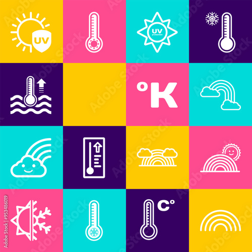 Set Rainbow, with sun, clouds, UV protection, Water thermometer, and Kelvin icon. Vector