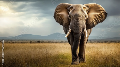 A majestic elephant stands tall in a golden savannah, showcasing its grandeur and strength against a backdrop of vast, open plains under a partly cloudy sky...