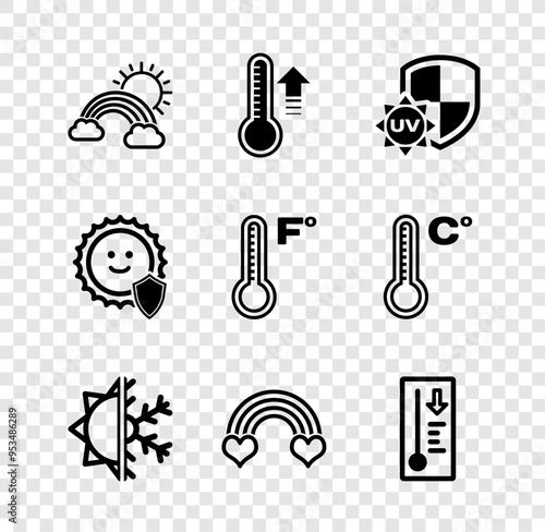 Set Rainbow with clouds and sun, Meteorology thermometer, UV protection, Sun snowflake, heart, and icon. Vector