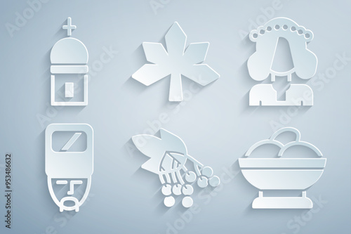 Set Branch viburnum, Ukrainian woman, cossack, Varenyky bowl, Chestnut leaf and Church tower icon. Vector