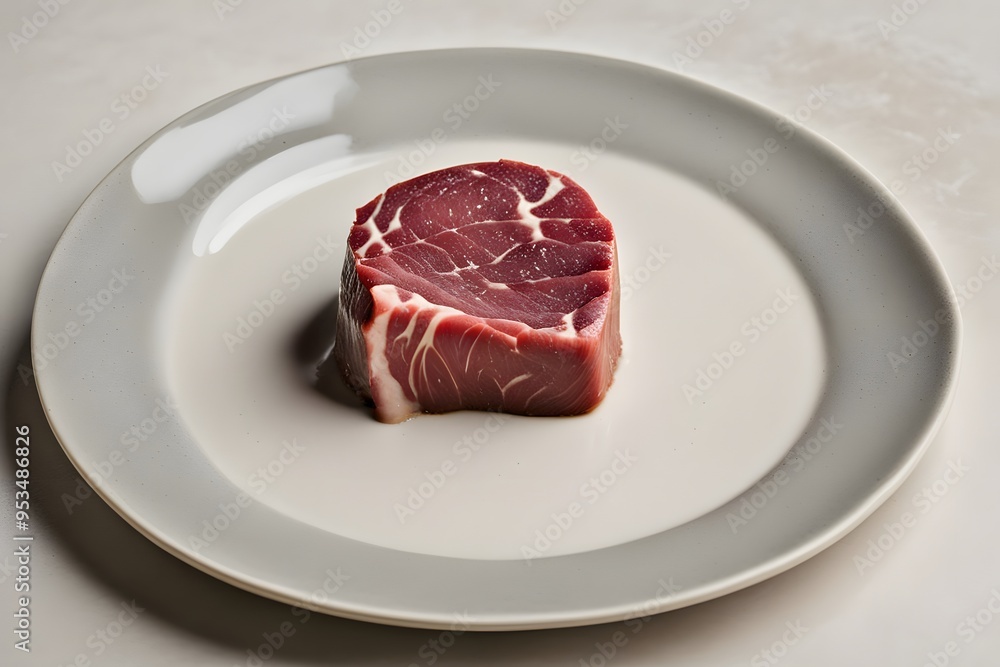 A thick raw filet mignon perfectly round and marbled placed on a ceramic plate, AI Generated A thick raw filet mignon perfectly round and marbled placed on a ceramic plate, AI Generated