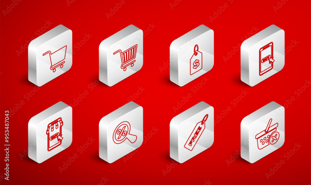 Set line Remove shopping basket, Shopping cart, Price tag with dollar, Mobile and, Free, Magnifying glass percent and icon. Vector Set line Remove shopping basket, Shopping cart, Price tag with dollar, Mobile and, Free, Magnifying glass percent and icon. Vector