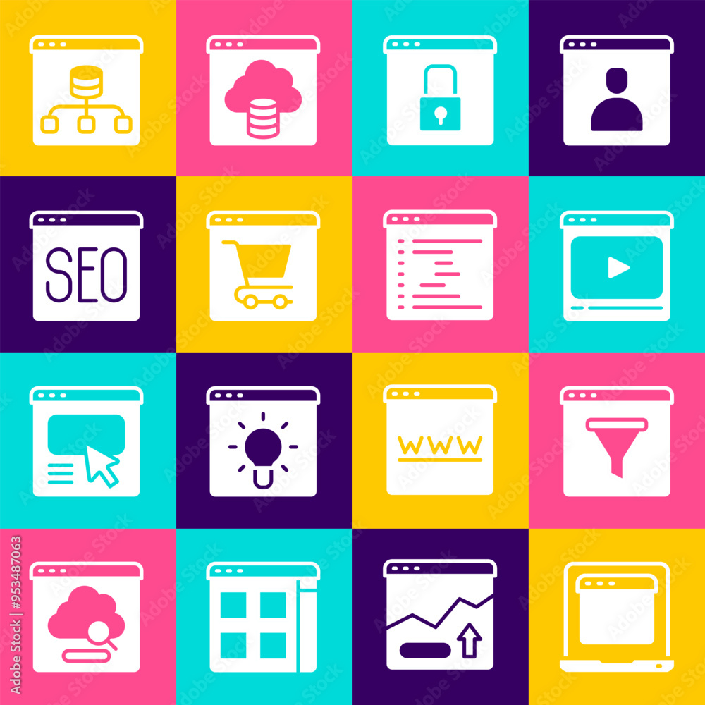 Set Laptop with browser window, Browser, Online play video, Secure your site HTTPS, SSL, shopping on screen, SEO optimization, Server, Data and icon. Vector Set Laptop with browser window, Browser, Online play video, Secure your site HTTPS, SSL, shopping on screen, SEO optimization, Server, Data and icon. Vector