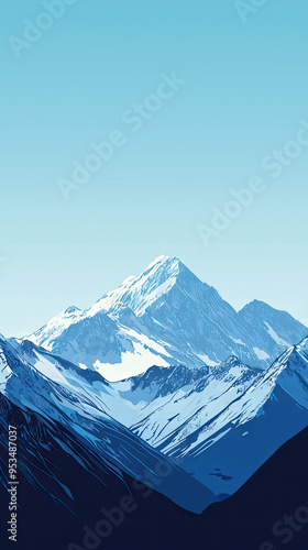 Majestic Snow-Capped Peaks Rise Against a Clear Blue Sky, a Minimalist Mountainscape.