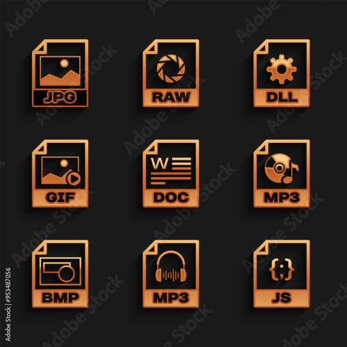 Set DOC file document, MP3, JS, , BMP and GIF icon. Vector