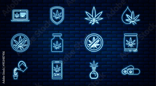 Set line Medical pills with marijuana, Marijuana or cannabis seeds, leaf, bottle, Stop, Online buying, and Shield and icon. Vector