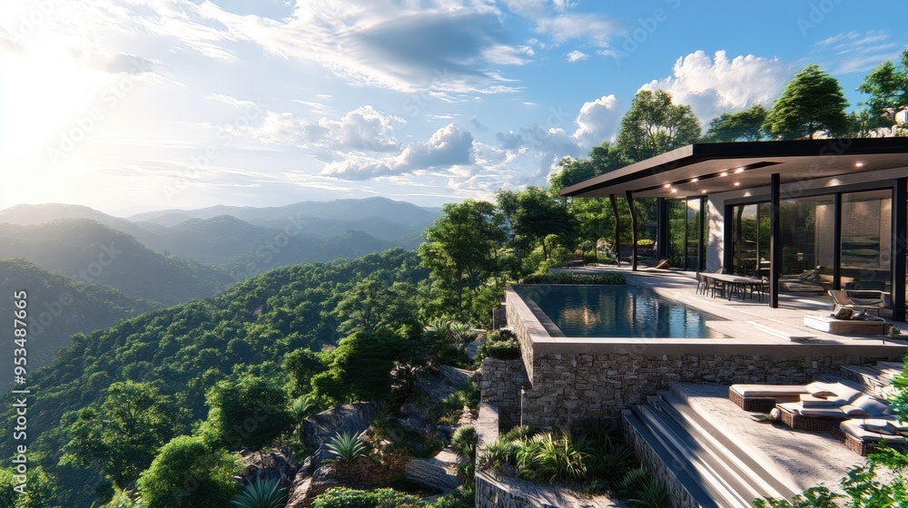 A modern luxury villa with an infinity pool, perched on a mountainside, offering breathtaking panoramic views of lush green valleys..