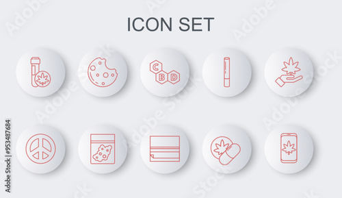 Set line Mobile and marijuana or cannabis, Peace, Cannabis molecule, Herbal ecstasy tablets, Chemical test tube with, Cookies, Plastic bag of and Rolling paper icon. Vector