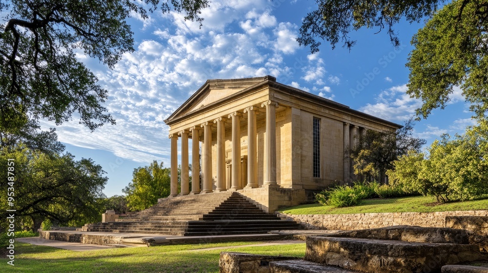 Fototapeta premium A historic courthouse featuring classical architecture with tall columns and stone steps, set amidst a lush, green landscape under a partly cloudy sky..