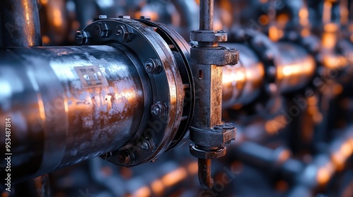 Detailed view of interconnected metal pipes and valves in an industrial setting, illuminated by warm, ambient lighting, highlighting their intricate design.. photo