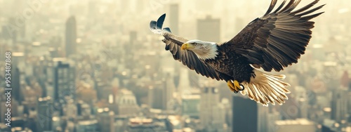 A powerful bald eagle flies high over a sprawling city skyline, its wings fully extended against a hazy sky, symbolizing freedom.. photo