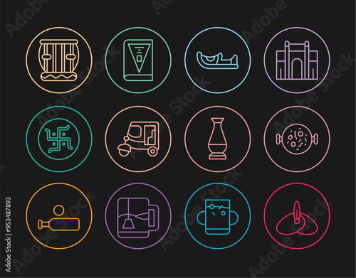 Set line Indian headgear turban, Chicken tikka masala, shoes, Taxi tuk tuk, Hindu swastika, Instrument tabla, vase and constitution day icon. Vector