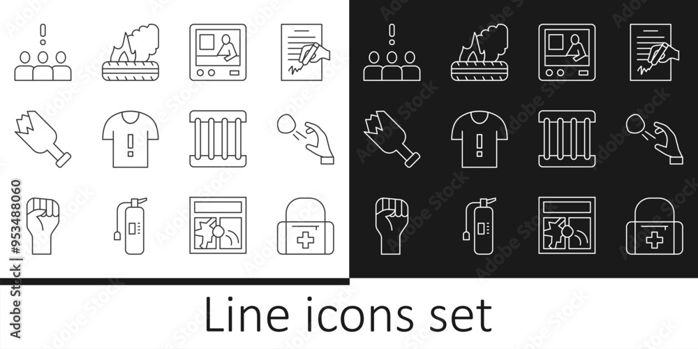 Fototapeta premium Set line First aid kit, Hooligan shooting stones, Television report, T-shirt protest, Broken bottle as weapon, Crowd, Prison window and Lying burning tires icon. Vector
