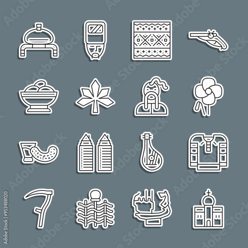 Set line Church building, Embroidered shirt, Poppy flower, Ukrainian ethnic pattern, Chestnut leaf, Varenyky bowl, Bread and salt and cossack icon. Vector