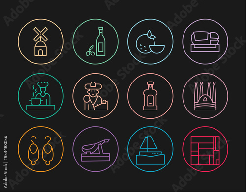 Set line House Edificio Mirador, Sagrada Familia, Orange fruit, Bullfight, matador, Spanish cook, Windmill, Orujo and Bottle of olive oil icon. Vector