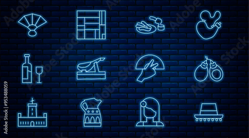 Set line Spanish hat, Castanets, Churros and chocolate, jamon, Wine bottle with glass, Fan flamenco, and House Edificio Mirador icon. Vector
