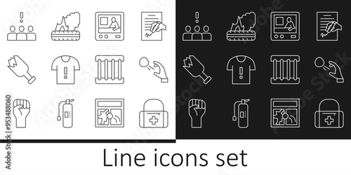 Set line First aid kit, Hooligan shooting stones, Television report, T-shirt protest, Broken bottle as weapon, Crowd, Prison window and Lying burning tires icon. Vector