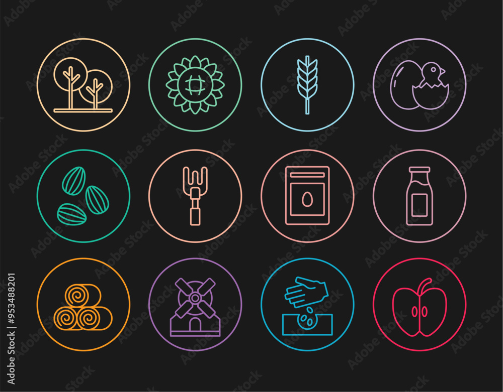Set line Apple, Bottle with milk, Wheat, Garden rake, Seeds, Tree, Pack full of seeds of plant and Sunflower icon. Vector Set line Apple, Bottle with milk, Wheat, Garden rake, Seeds, Tree, Pack full of seeds of plant and Sunflower icon. Vector