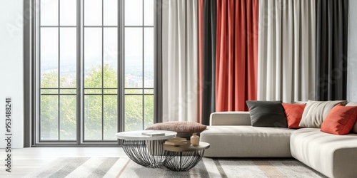 Modern living room with a couch, coffee table, and window